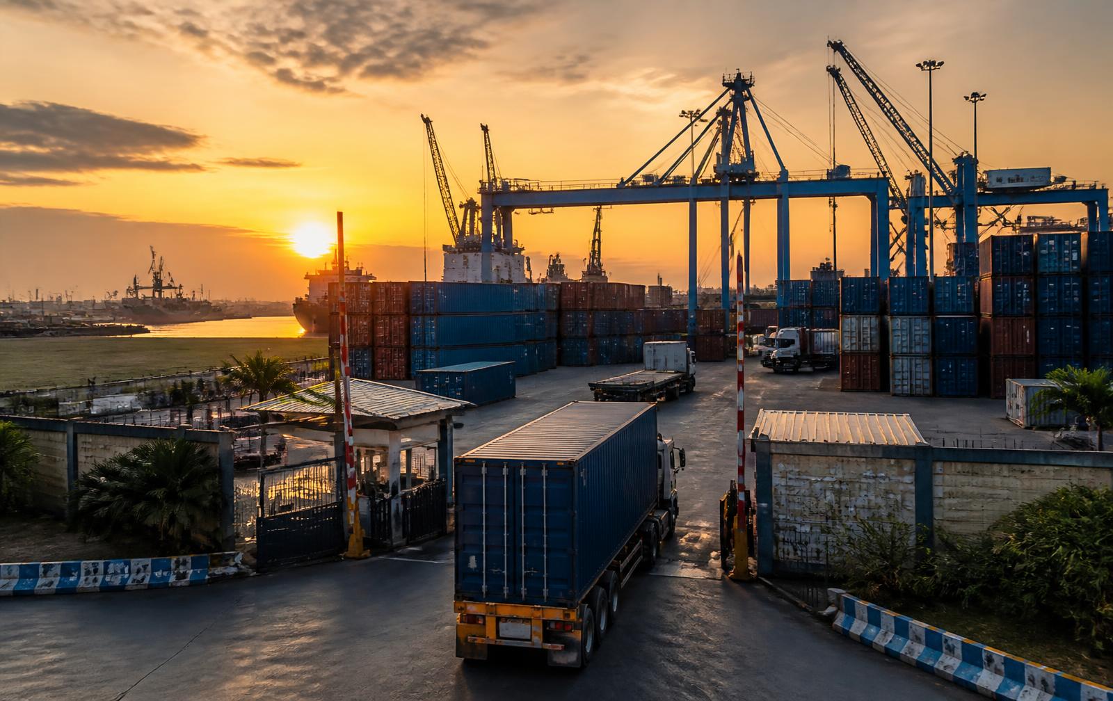 Terminal à conteneurs au coucher du soleil avec un camion quittant le port